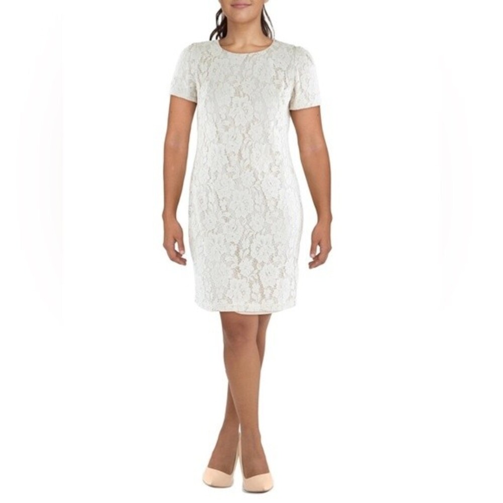 LAUREN RALPH LAUREN Women’s Lace Knee-Length Cocktail Dress Light Grey Size 4
